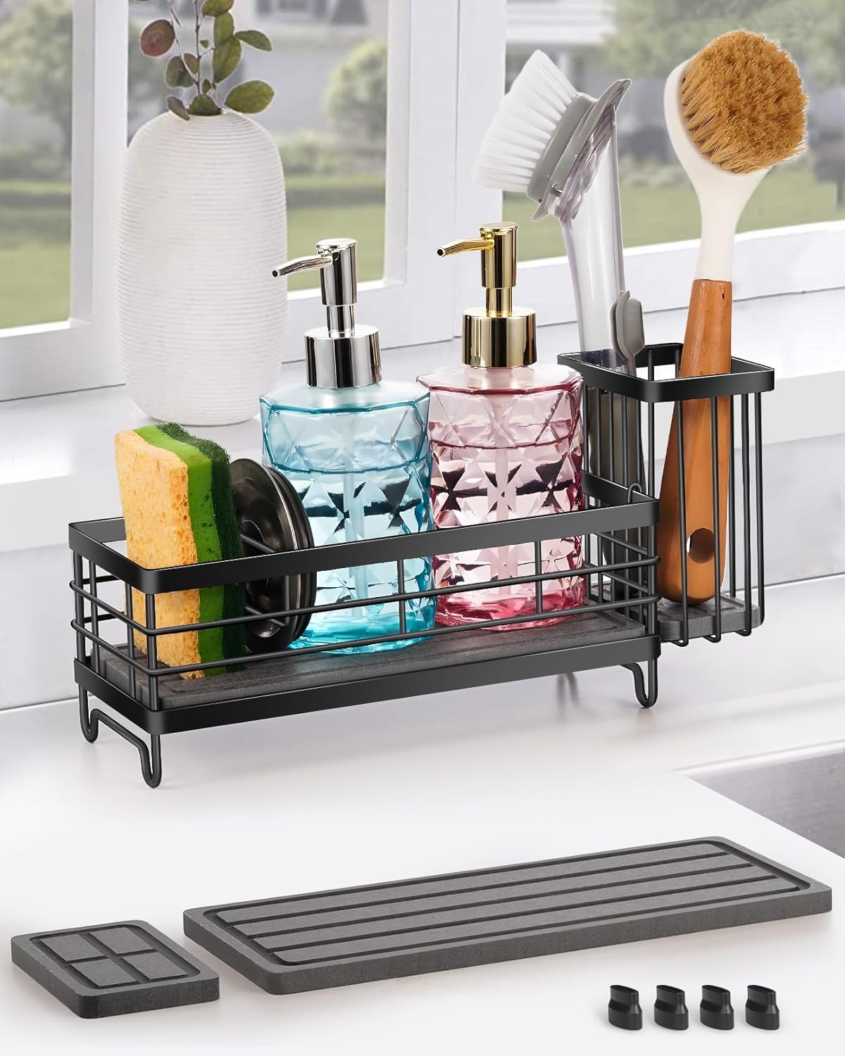 Kitchen Sink Caddy with Water Absorbent Diatomite Stone Sink Tray, Fast Drying Sink Organizer with High Dish Brush Holder Sponge Holder for Kitchen Sink, Stainless Steel