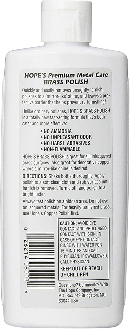 HOPE'S Brass Polish and Cleaner - Protective Tarnish Remover - Great Brass, Copper, Chrome, and Sterling Silver Polish - Polisher for Home Decor, Music Instruments, and Jewelry, 8 Fl Oz, Pack of 1