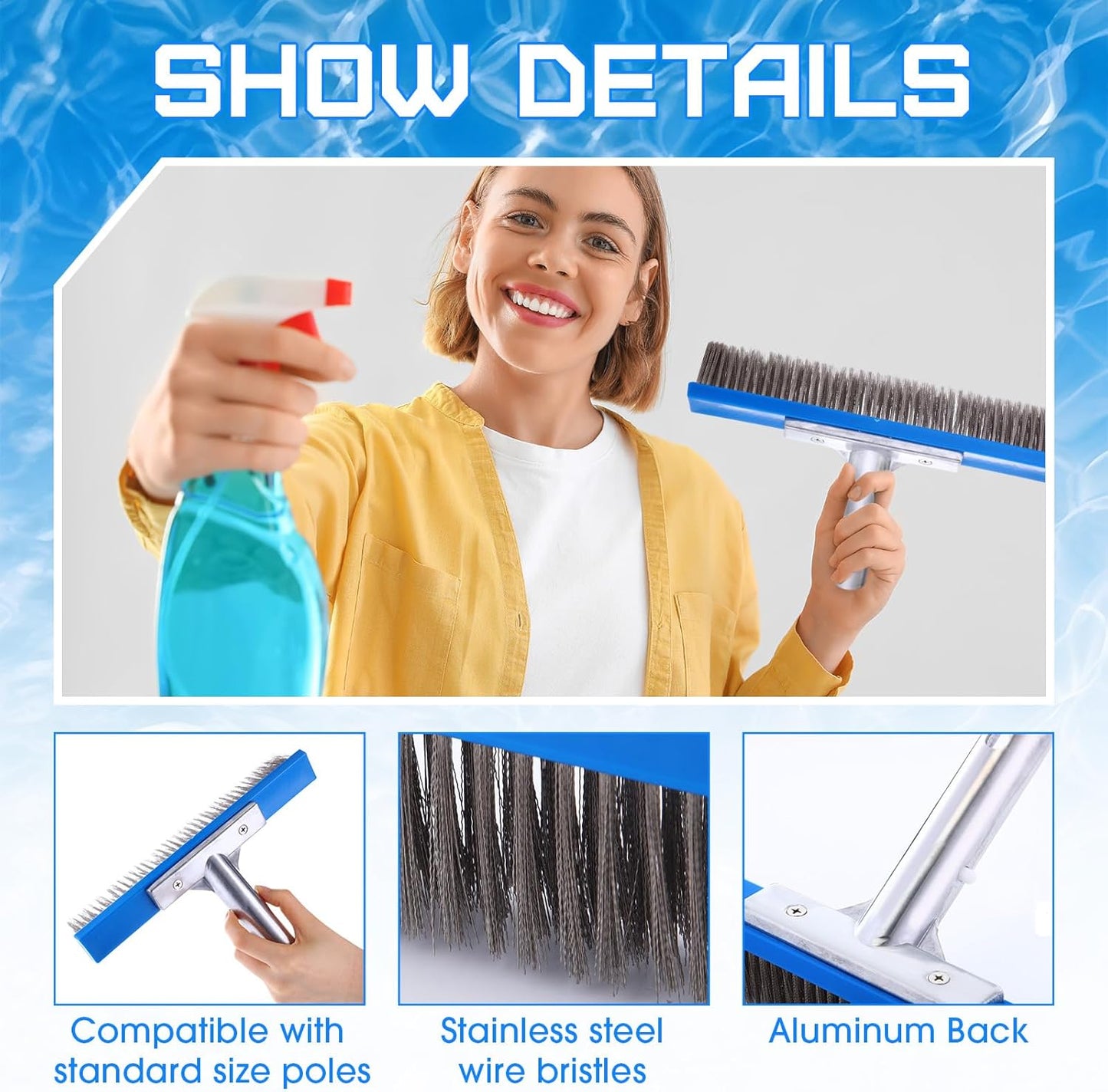 Gejoy 1 Pcs 5" Stainless Steel Brush Pool Brush Head for Inground Pools, Algae Metal Wire Bristles and Aluminum Back Scrubber Heavy Duty Curved Ends for Tiles, Rust Stains Concrete Walls