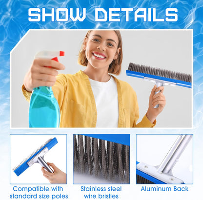 Gejoy 1 Pcs 5" Stainless Steel Brush Pool Brush Head for Inground Pools, Algae Metal Wire Bristles and Aluminum Back Scrubber Heavy Duty Curved Ends for Tiles, Rust Stains Concrete Walls