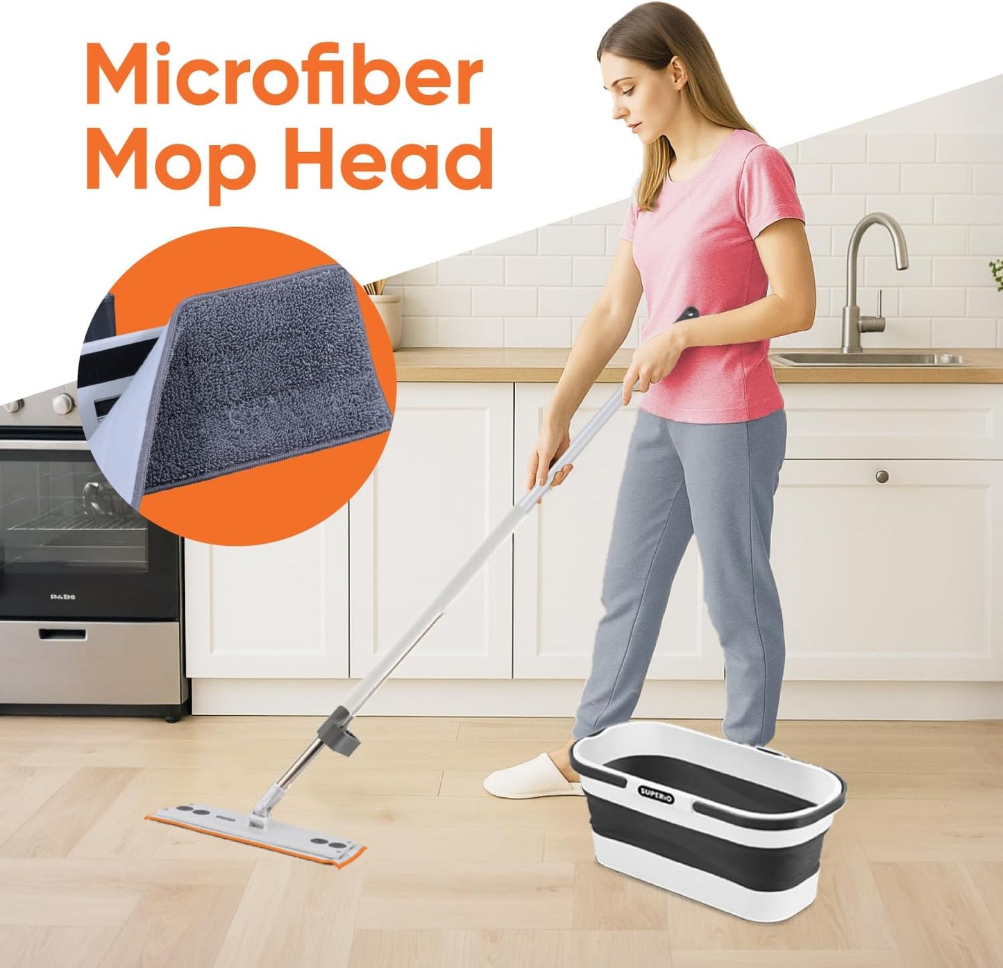 Superio Fold N' Go 10L Collapsible Mop Bucket with Wheels & Self-Wringing Microfiber Flat Mop - Portable, Hands-Free Cleaning Set for Home, Car, Kitchen, Bathroom, Hardwood & Tile Floors