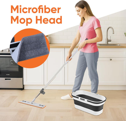 Superio Fold N' Go 10L Collapsible Mop Bucket with Wheels & Self-Wringing Microfiber Flat Mop - Portable, Hands-Free Cleaning Set for Home, Car, Kitchen, Bathroom, Hardwood & Tile Floors