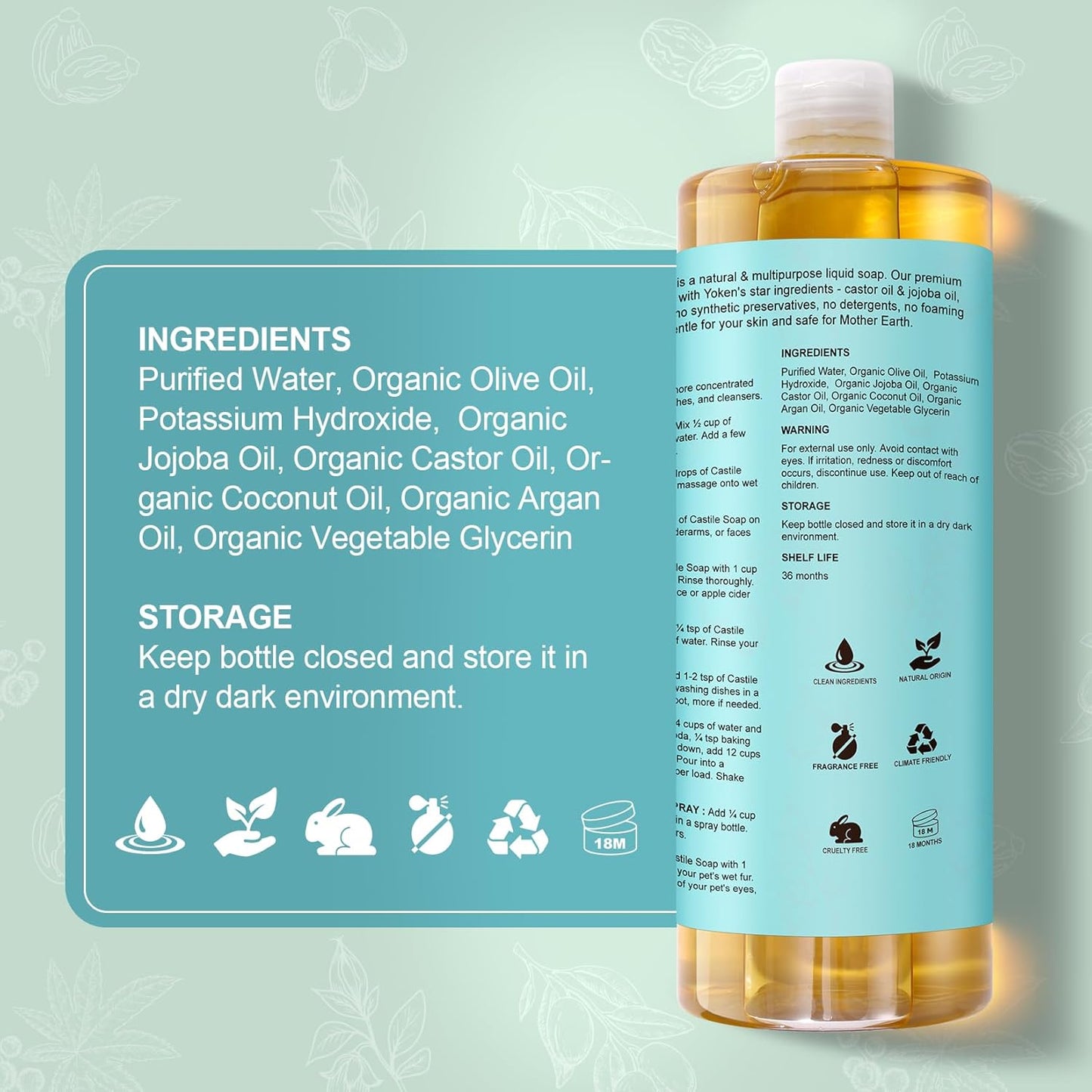 Yoken Castile Soap Liquid EWG Verified(1 Gallon, Unscented) Pure-Castile Liquid Soap for Body, Face, Hand, Pets, Laundry, Dish Soap and More - Made With Organic Oil, Vegan, Clean & Gentle, Versatile