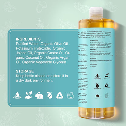 Yoken Castile Soap Liquid EWG Verified(1 Gallon, Unscented) Pure-Castile Liquid Soap for Body, Face, Hand, Pets, Laundry, Dish Soap and More - Made With Organic Oil, Vegan, Clean & Gentle, Versatile