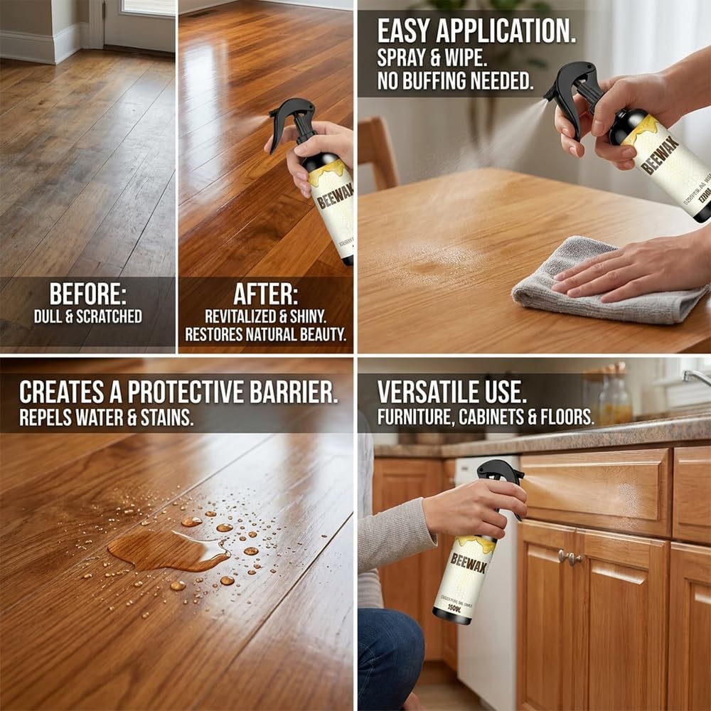 2 PCS Beeswax Wood Polish Spray: Natural Beeswax Furniture Polish and Cleaner - Wood Care Spray for Cabinets, Tables, Floors - Wood Conditioning Polish Kit with Sponge & Cloth (2)