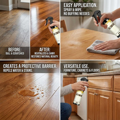 2 PCS Beeswax Wood Polish Spray: Natural Beeswax Furniture Polish and Cleaner - Wood Care Spray for Cabinets, Tables, Floors - Wood Conditioning Polish Kit with Sponge & Cloth (2)