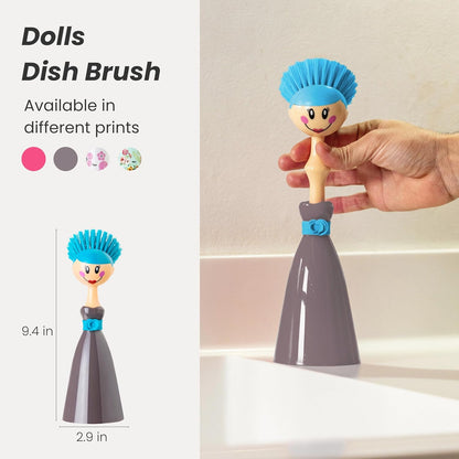 Vigar Dolls Dish Brush with Ergonomic Handle and Dres-shaped Storage Holder - Scrub Brush for Pans, Pots, Kitchen Sink Cleaning, Blue/Pink