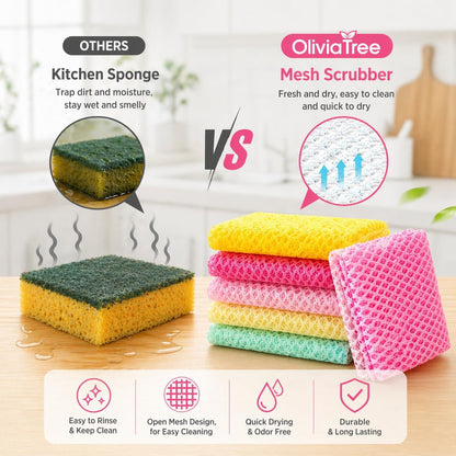 OliviaTree Dish Scrubber 5 Pack, Non Scratch Reusable Mesh Scrub Cloth for Washing Dishes Pots Pans Sink, Quick Dry Odor Resistant Sponge Alternative, Korean Kitchen Cleaning Pad 11 x 11 Inch