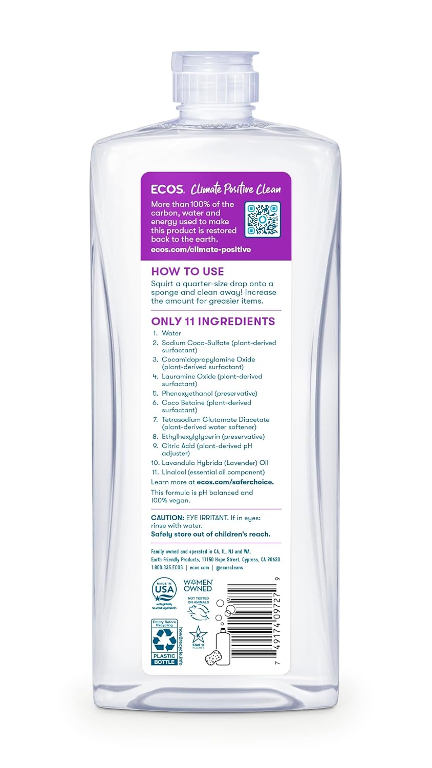 Earth Friendly Products ECOS Dishmate, Dishwashing Liquid, Natural Lavender, 25 oz