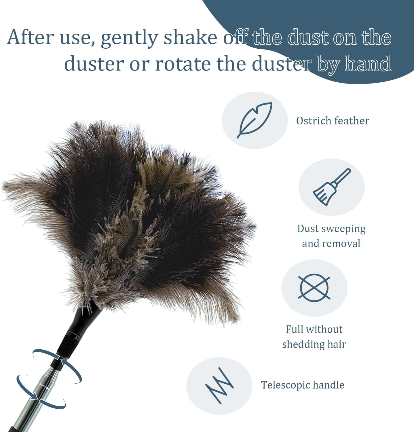 Extendable Feather Duster - 47 inches Soft Long Handle Reusable Feather Duster for Cleaning Ceiling Fan,Hanging lamp, High Ceiling, Blinds, Furniture，Ostrich Feather Duster