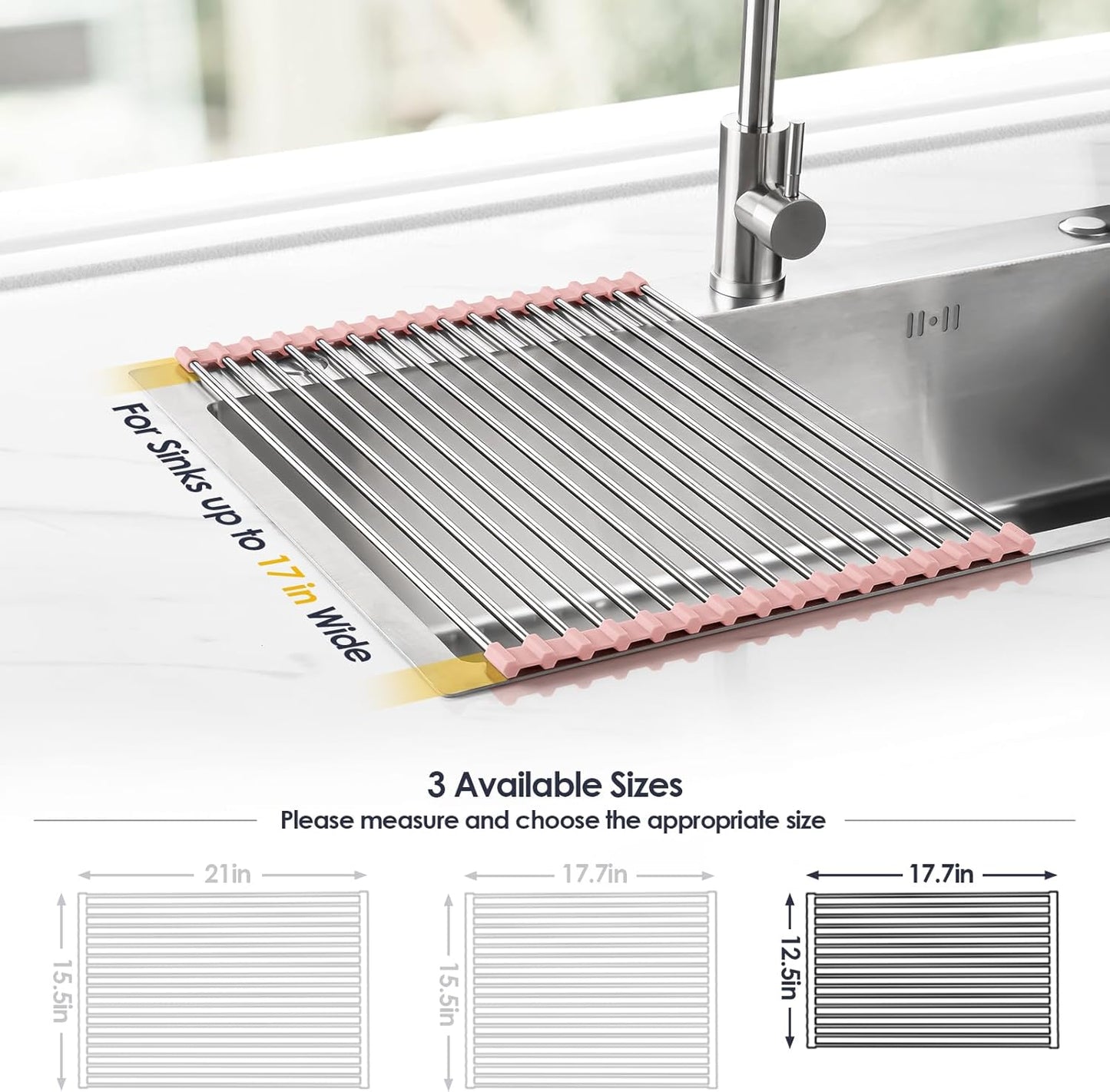 Tomorotec 17.7" x 15.5" Roll Up Dish Drying Rack Over Sink Drying Rack Sink Cover Kitchen Sink Accessories Gadget Multipurpose Organizer Foldable Stainless Steel Drainer (Grey)