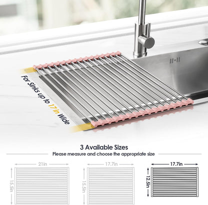 Tomorotec 17.7" x 15.5" Roll Up Dish Drying Rack Over Sink Drying Rack Sink Cover Kitchen Sink Accessories Gadget Multipurpose Organizer Foldable Stainless Steel Drainer (Grey)