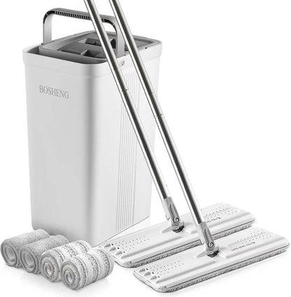 BOSHENG Mop and Bucket with Wringer Set, Flat Floor Mop and Bucket, with 3 Microfiber Mops for Floor Cleaning, Wet and Dry Use for Household Cleaning - White