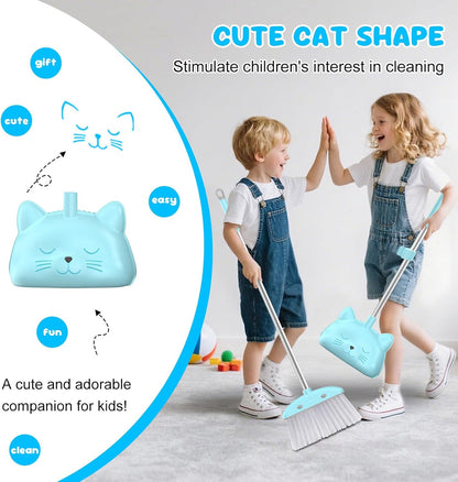 Mini Broom with Dustpan for Kids, 28-in Handle Kids Broom and Dustpan Set for Toddlers Cat-Shaped Children Broom and Cleaning Set Boys Girls Small Housekeeping Helper Set, Pink