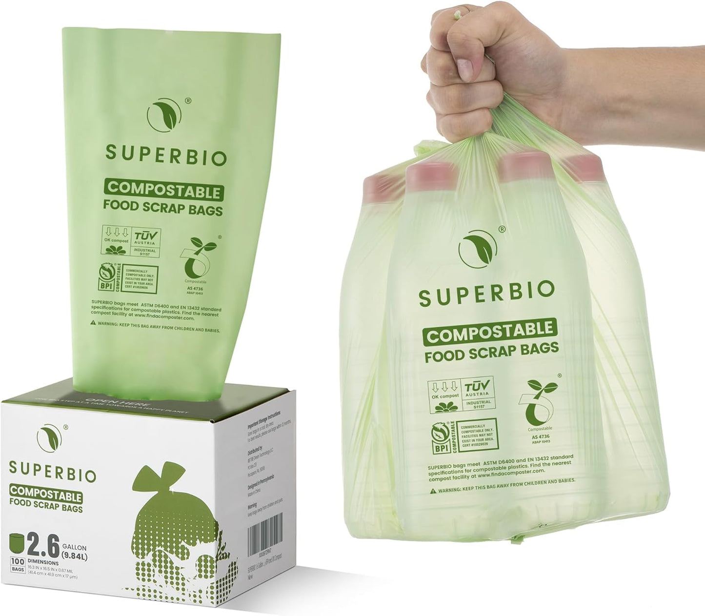 SUPERBIO 13 Gallon Compostable Kitchen Waste Bags with Handles, Food Scrap Bags Certified by BPI, OK compost INDUSTRIAL, 30 Count, 49.2L