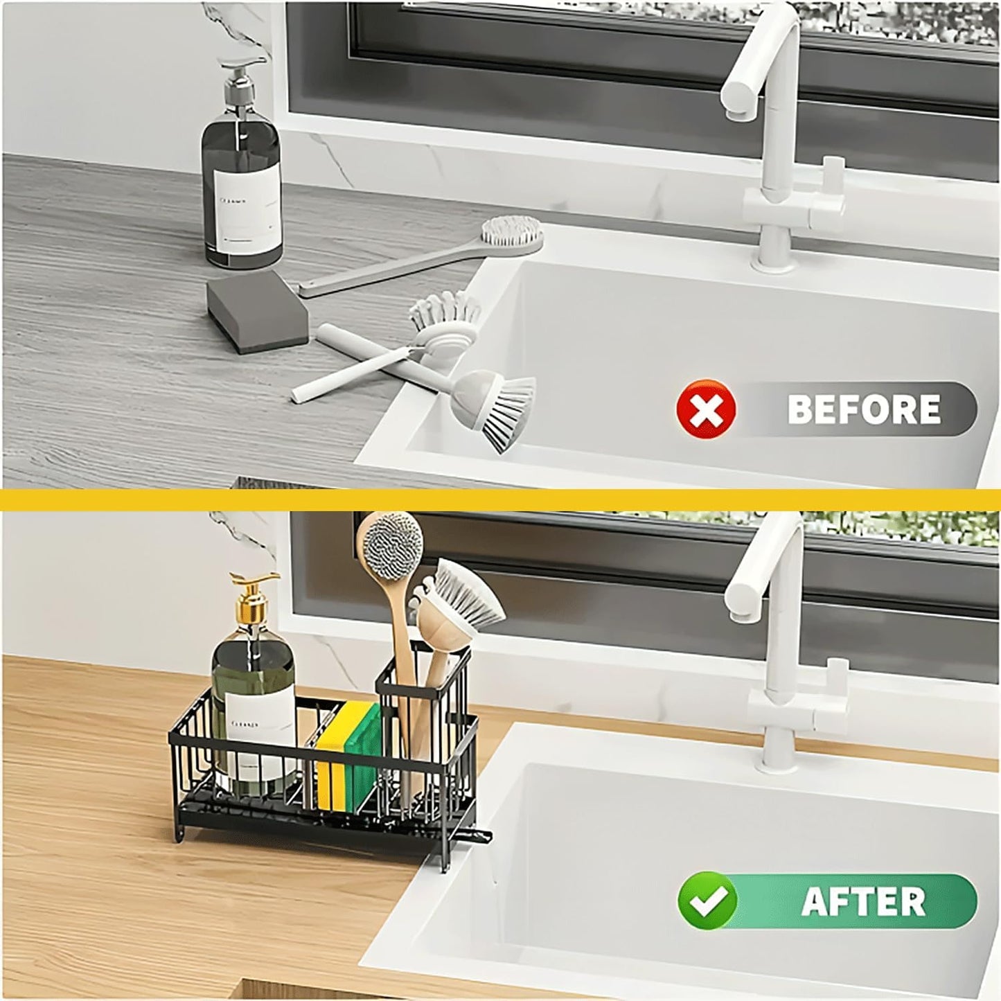 5 in 1 Sponge Holder for Kitchen Sink, Rustproof Stainless Steel Sink Caddy with Washing Cloth & Adhesive Hooks, Kitchen Sink Organizer with High Brush Holder and Soap Holder for Kitchen Sink