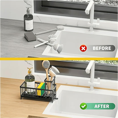 5 in 1 Sponge Holder for Kitchen Sink, Rustproof Stainless Steel Sink Caddy with Washing Cloth & Adhesive Hooks, Kitchen Sink Organizer with High Brush Holder and Soap Holder for Kitchen Sink