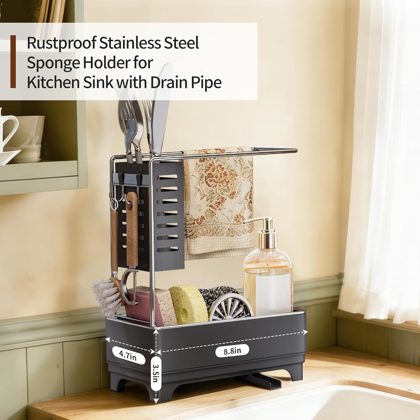 MOUKABAL Sponge Holder for Kitchen Sink – Rustproof Stainless Steel, 360° Rotating Drain Pipe, Large Counter Organizer with Drip Tray for Sponges, Brushes & Dish Cloths Black