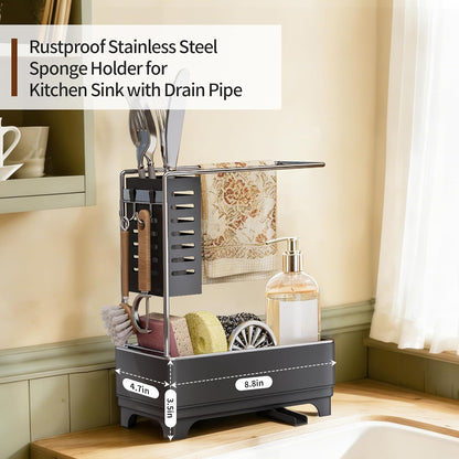 MOUKABAL Sponge Holder for Kitchen Sink – Rustproof Stainless Steel, 360° Rotating Drain Pipe, Large Counter Organizer with Drip Tray for Sponges, Brushes & Dish Cloths Black
