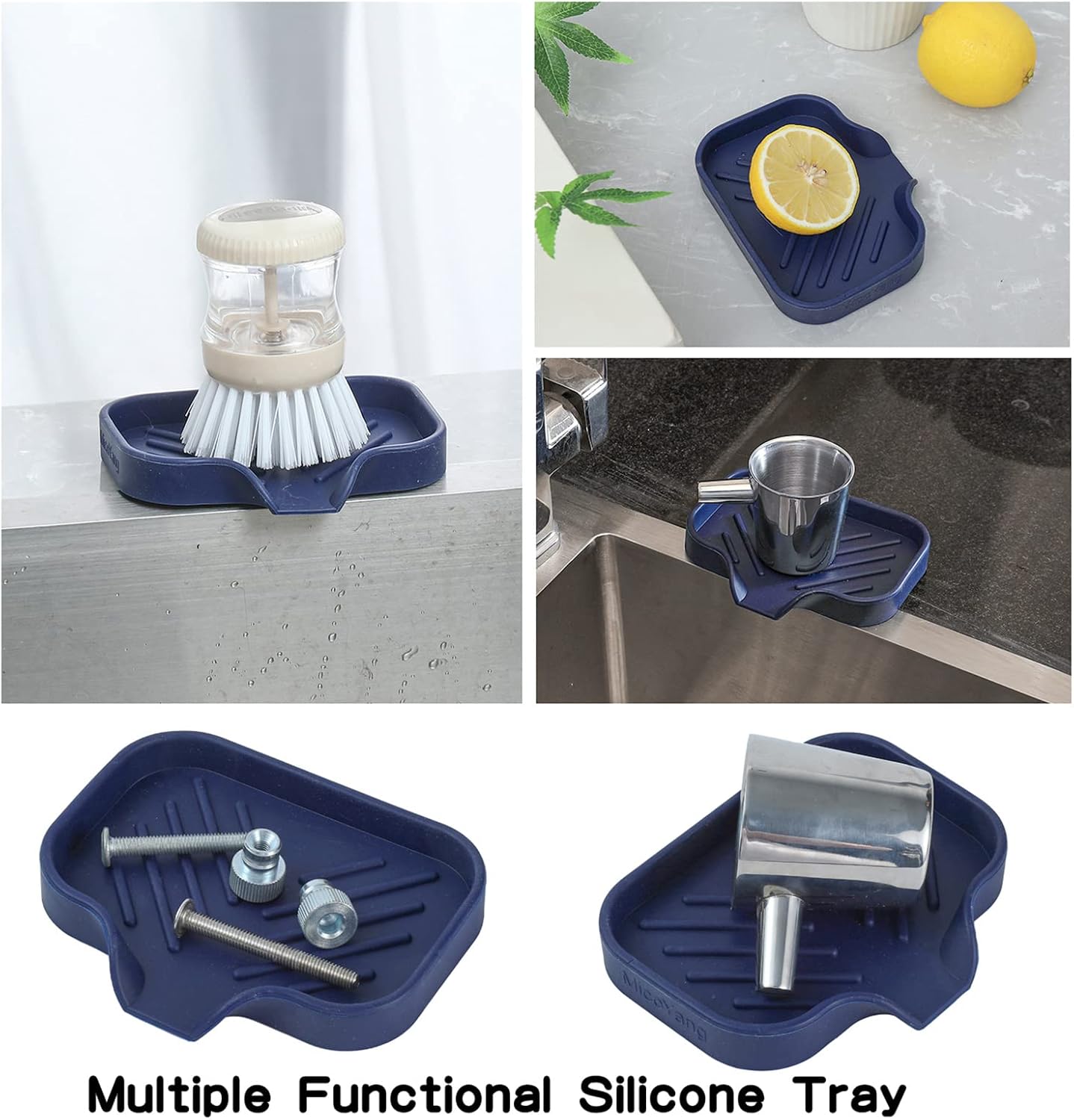 MicoYang Silicone Bathroom Soap Dishes with Drain Spout-Bathroom and Kitchen Sink Organizer,Sponge Holder,Dish Soap Tray,Perfect for Dispenser,Scrubber,Bottle,Cup on Sink or Counter-Black 4.9"×3.2"