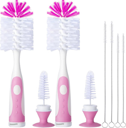 CAREBABYMORE 2 Pack Baby Bottle Brush with 4 Pack Straw Brushes, 10.2" Nylon Brushe with Nipple Cleaner and Stand Suction Cup (Gray)