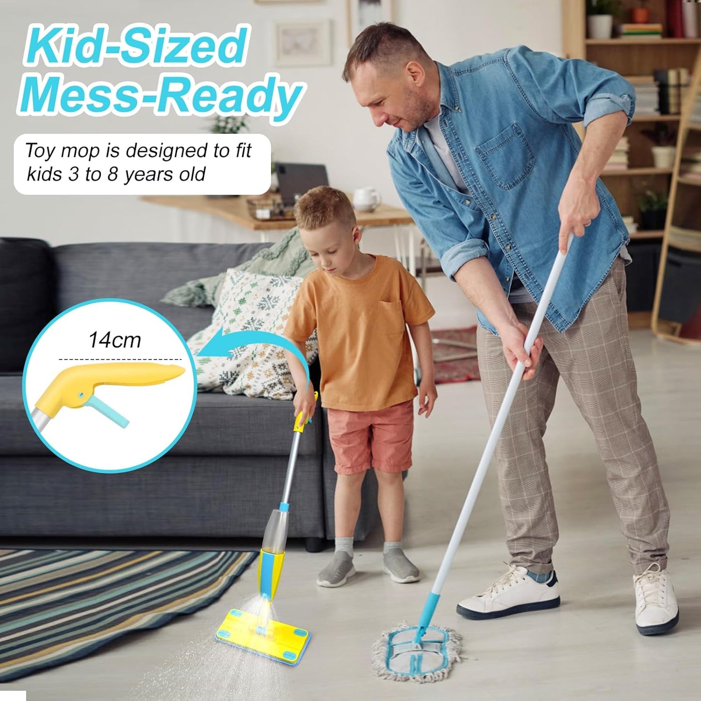 Spray Mop Kids Montessori Love Toy Set with Real Water Sprayer 3PCS Washable pads Squeeze Working Mini Size Kids Spray Mops Cleaning Toy Set That Really Work for Toddler 3-8 Floor Cleaning Dust