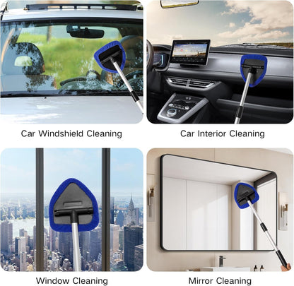 Qydipclin 11pcs Windshield Cleaner Tool, Car Window Cleaning Wash Kit with 6 Reusable Microfiber Pads 2 Spray Bottles and Extendable Handles Auto Glass Wiper Kit, Blue