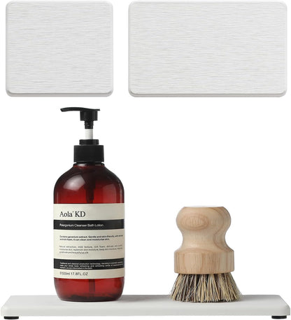2PCS Water Absorbing Stone Drying Tray for Kitchen Counter & Bathroom Sink, Diatomite Faucet Splash Guard, Soap Dispenser Rack & Sponge Holder Caddy Organizer, Marble White (Printed Pattern), 9"x 3.5"