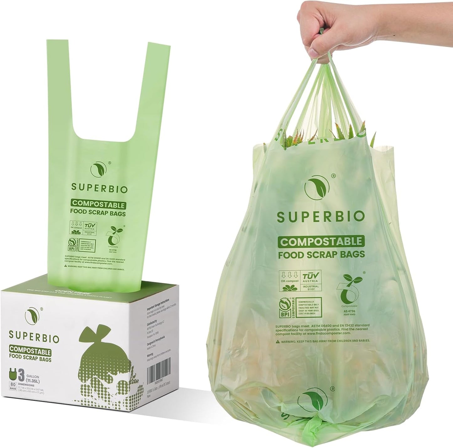 SUPERBIO 13 Gallon Compostable Kitchen Waste Bags with Handles, Food Scrap Bags Certified by BPI, OK compost INDUSTRIAL, 30 Count, 49.2L