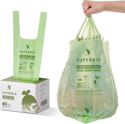 SUPERBIO 13 Gallon Compostable Kitchen Waste Bags with Handles, Food Scrap Bags Certified by BPI, OK compost INDUSTRIAL, 30 Count, 49.2L