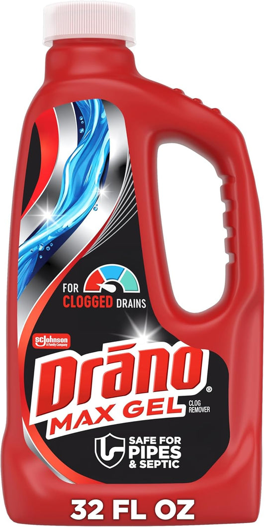 Drano Max Gel Drain Clog Remover & Cleaner, Fast-Acting to Unclog Standing Water & Remove Hair, Grease & Food Blockages, Safe for all Pipes & Septic, Kitchen Sinks, Bathroom Showers & Tubs, 32 Oz