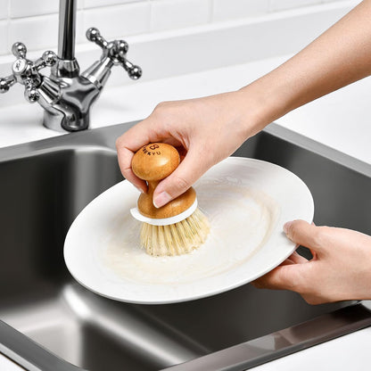 SUBEKYU Bamboo Dish Brush, Kitchen Dish Scrubber Brush, Natural Wooden Dishwashing Brush for Cleaning Dishes/Pans/Pots, Built-in Scraper, Sisal Bristles,1 Set