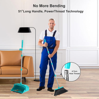 Tiumso Upgrade Broom with Dustpan Combo Set, Broom and Dustpan Set with 51'' Long Handle, Dust Pan and Brooms, ZeroGap Lip, Self-Cleaning Dustpans Teeth for Lobby Kitchen Restaurant - Black and Red