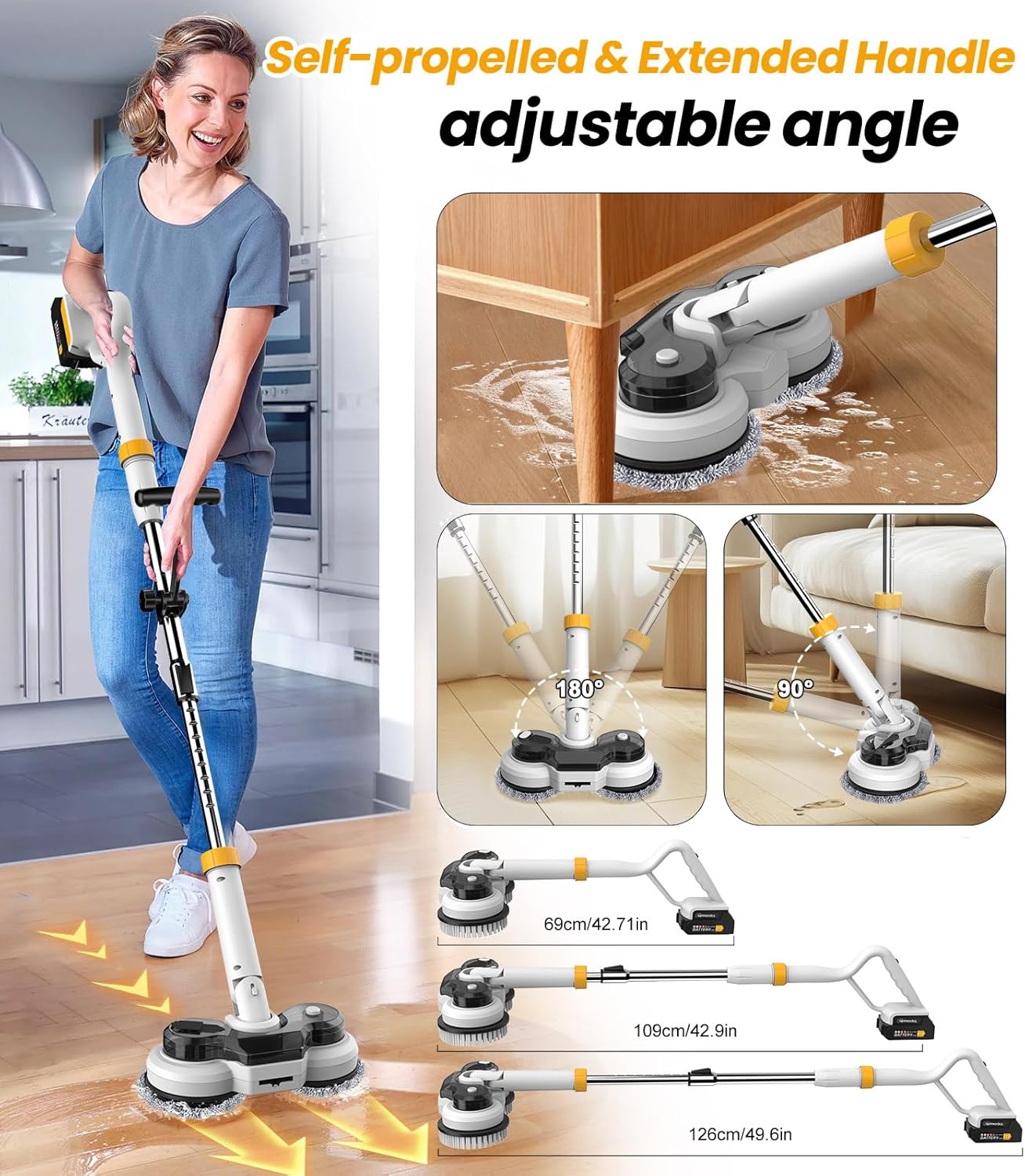 qimedo 800RPM Cordless Electric Mop, 6000mAh Battery Electric Power Scrubber & Mops for Floor Cleaning, Best Automatic Spin Mops with Smart Display,Rotating Mop with LED Light & Water Spray