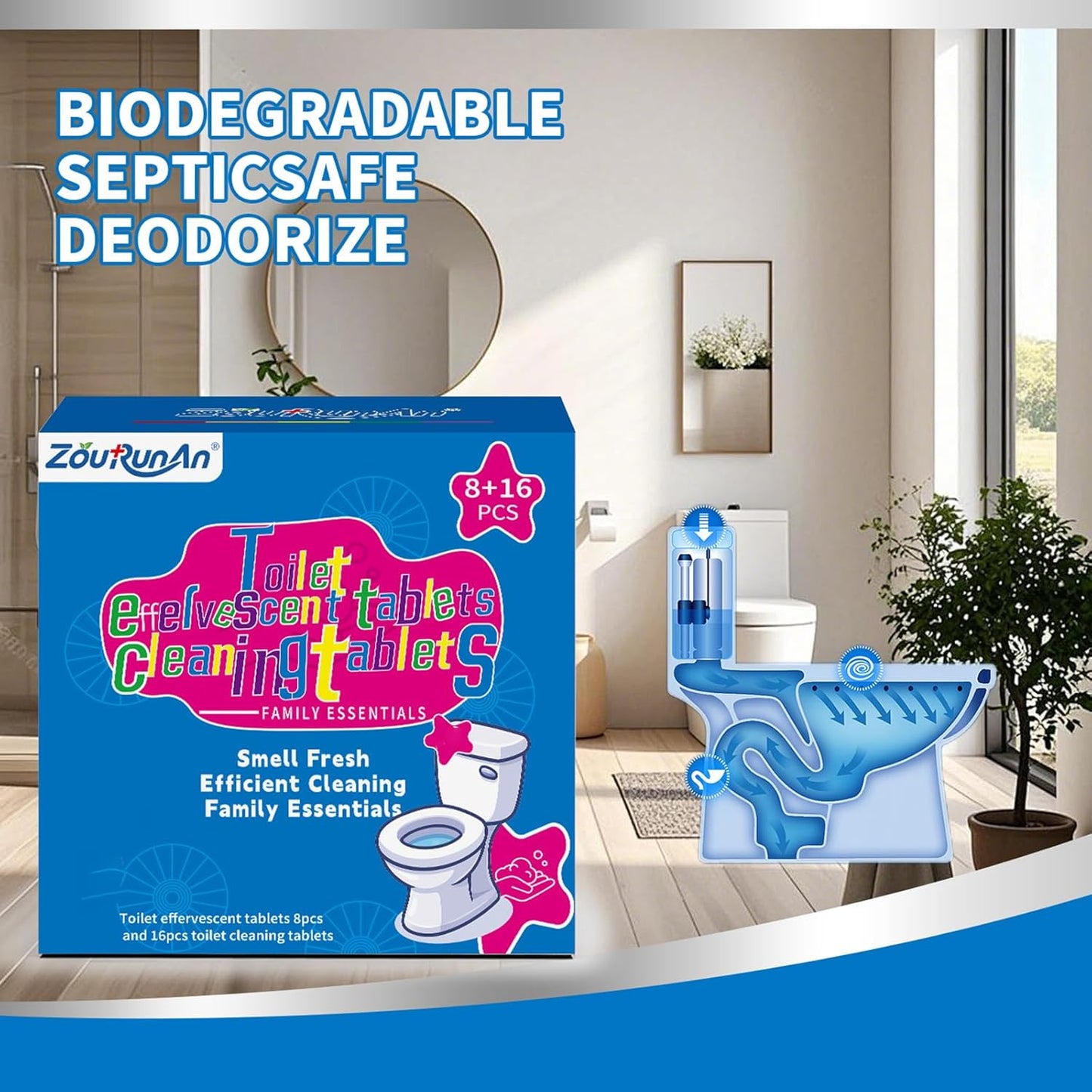 2-in-1 Toilet Cleaning Tablets (48 Pack) - 16 Effervescent Toilet Bowl Stain Remover and 32 Blue White Toilet Tank Cleaner Tablets - Limescale Removal for Septic System