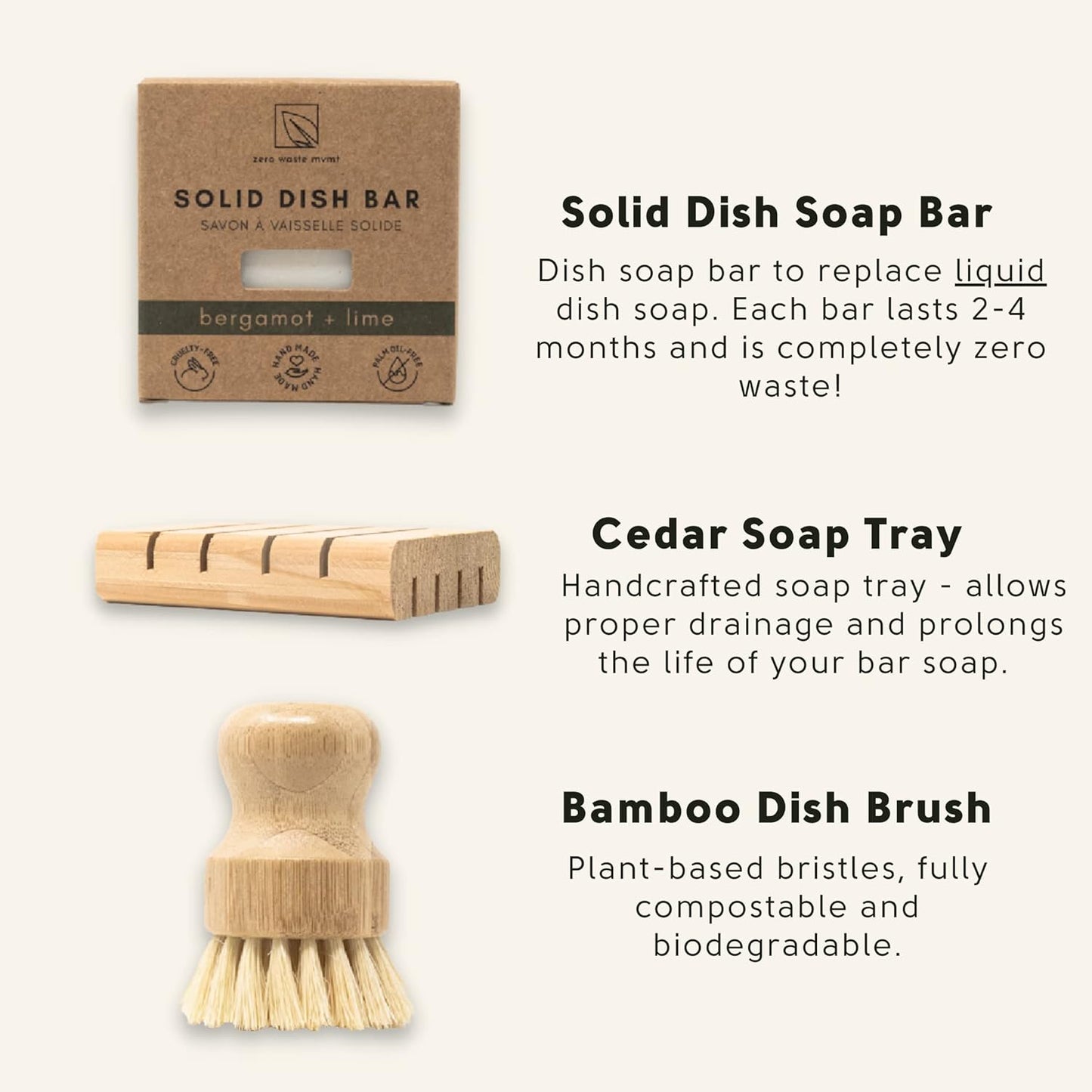 Dish Washing Bundle Kit | Eco-Friendly Solid Dish Soap, Cedar Soap Tray, Bamboo Pot Brush | Organic & Vegan Ingredients, Non-Tox Dish Soap | 3pc. Set