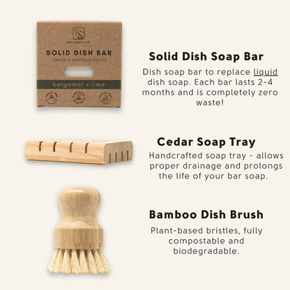 Dish Washing Bundle Kit | Eco-Friendly Solid Dish Soap, Cedar Soap Tray, Bamboo Pot Brush | Organic & Vegan Ingredients, Non-Tox Dish Soap | 3pc. Set