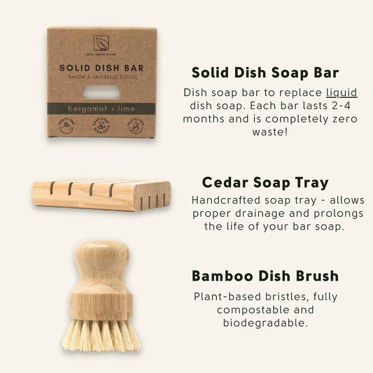 Dish Washing Bundle Kit | Eco-Friendly Solid Dish Soap, Cedar Soap Tray, Bamboo Pot Brush | Organic & Vegan Ingredients, Non-Tox Dish Soap | 3pc. Set
