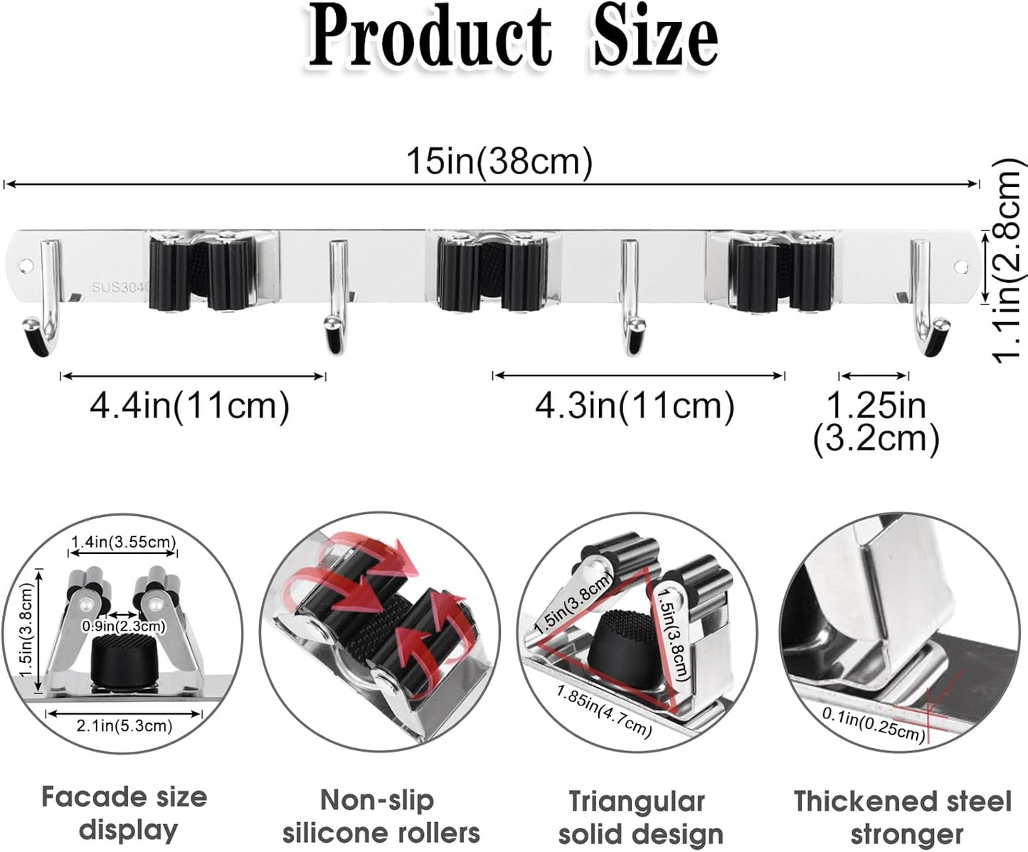 AceMining 5 Racks and 4 Hooks Mop and Broom Holder Wall Mount, Broom Organizer Storage Tool Racks Stainless Steel Heavy Duty Hooks Self Adhesive Solid Non-slip for Home Kitchen Garden Laundry Garage