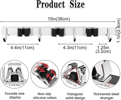 AceMining 5 Racks and 4 Hooks Mop and Broom Holder Wall Mount, Broom Organizer Storage Tool Racks Stainless Steel Heavy Duty Hooks Self Adhesive Solid Non-slip for Home Kitchen Garden Laundry Garage