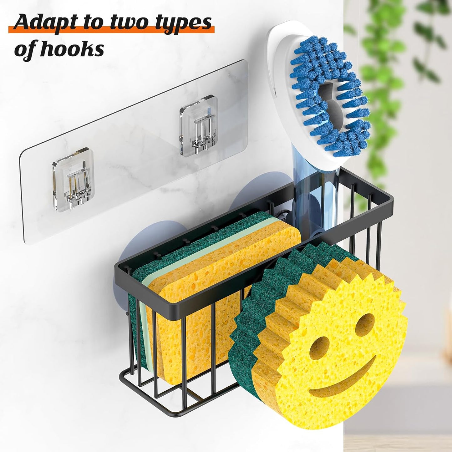 MURLONG Sponge Holder Smiley Face, Sink Caddy for kitchen Sink, Kitchen Organizer Sponge Holder with 2 PCS Suction Cups/1 PCS Adhesive Strips, Designed for Sponge, Soap, Dish brush, Scrubber-Black