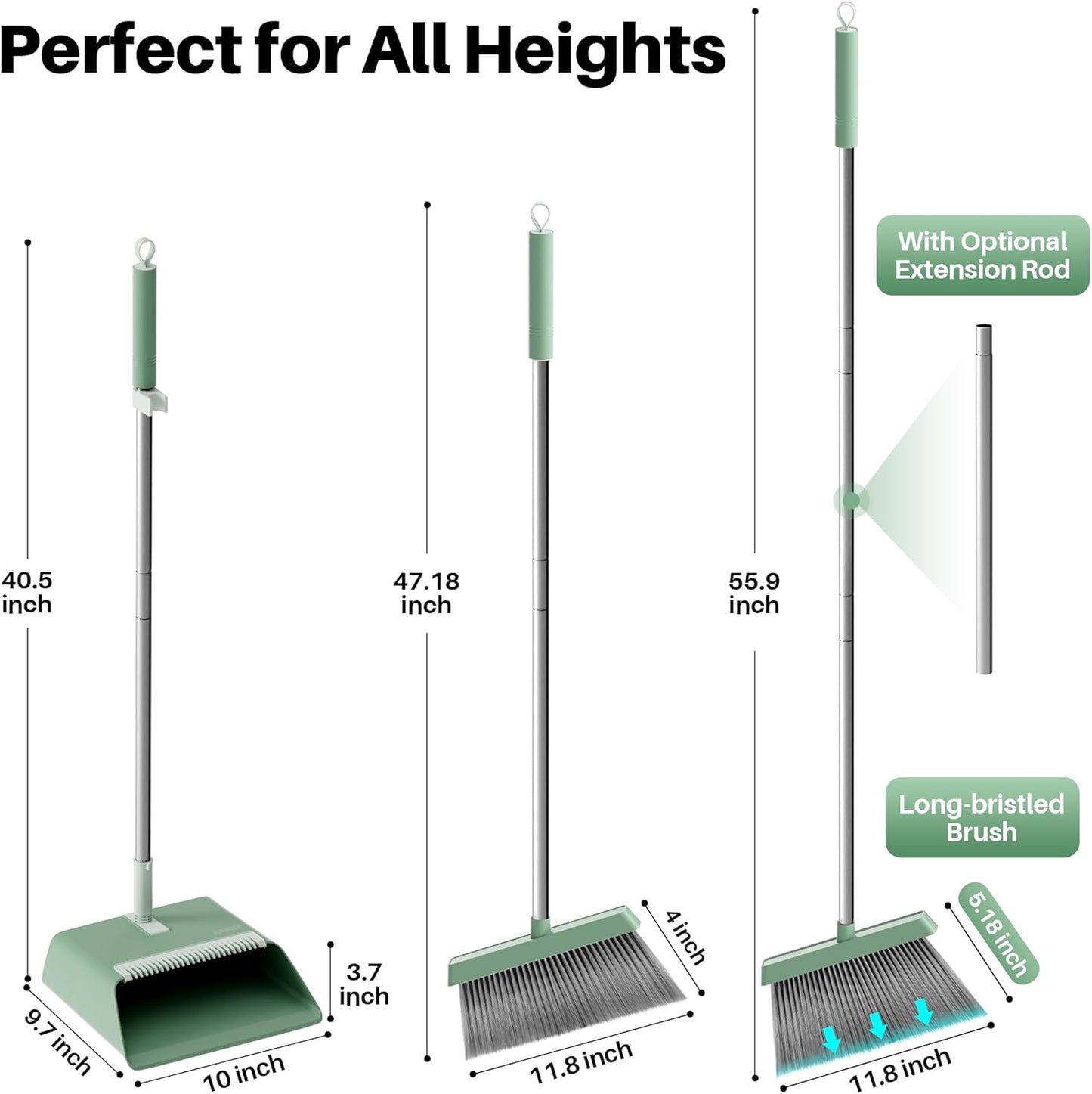 JOYMOOP White Broom and Dustpan Set, Upright Angle Design with Built-in Comb Teeth for Kitchen, Office, Pet Hair, Hard Floors