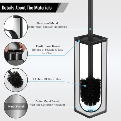 BGL Square Toilet Brush with Holder,Stainless Steel Rubber Painted Toilet Bowl Brush and Holder for Bathroom,2 Cleaner Brush Heads,Brushed Nickel