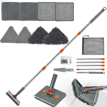 Base Board Cleaner Tool with Handle, 360 Rotating Wall Cleaner Mop, 180 Folding Ceiling Tool Duster with Squeegee for Cleaning Wall, Ceiling, Window, Floor, 8 Replacement Cleaning Pads