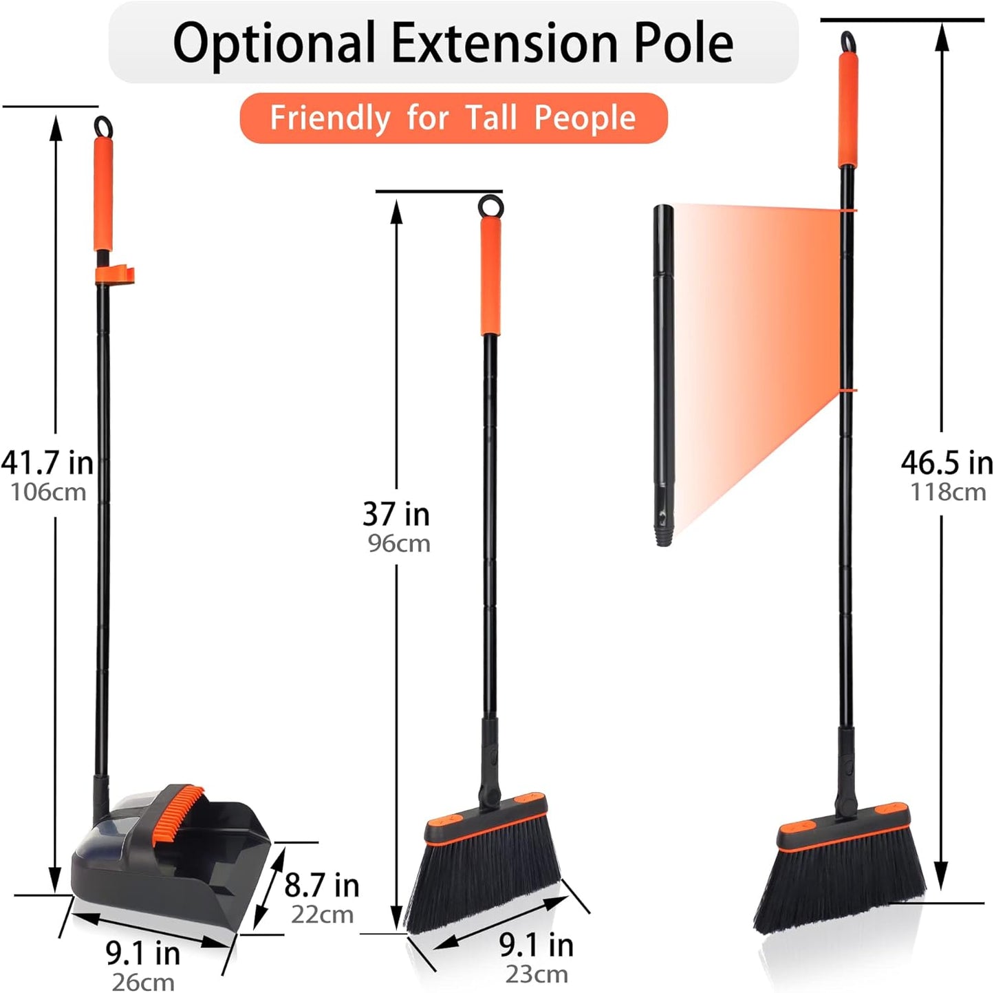 JEHONN Broom and Dustpan Set for Home, 54 Inches Long Handle Lightweight 180 Degree Rotating Indoor Upright Standing Dust Pan with Comb Teeth, Store Sweep Set for Room Kitchen Lobby Office