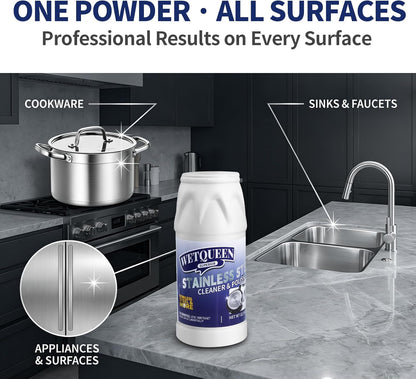WETQUEEN Stainless Steel Cleaner and Polish Kit - Heavy Duty Cookware Cleanser Powder with 3 Pads - Removes Burnt Stains, Rust, Water Spots & Grease from Pots, Pans, Sinks & Appliances (12.35 oz)