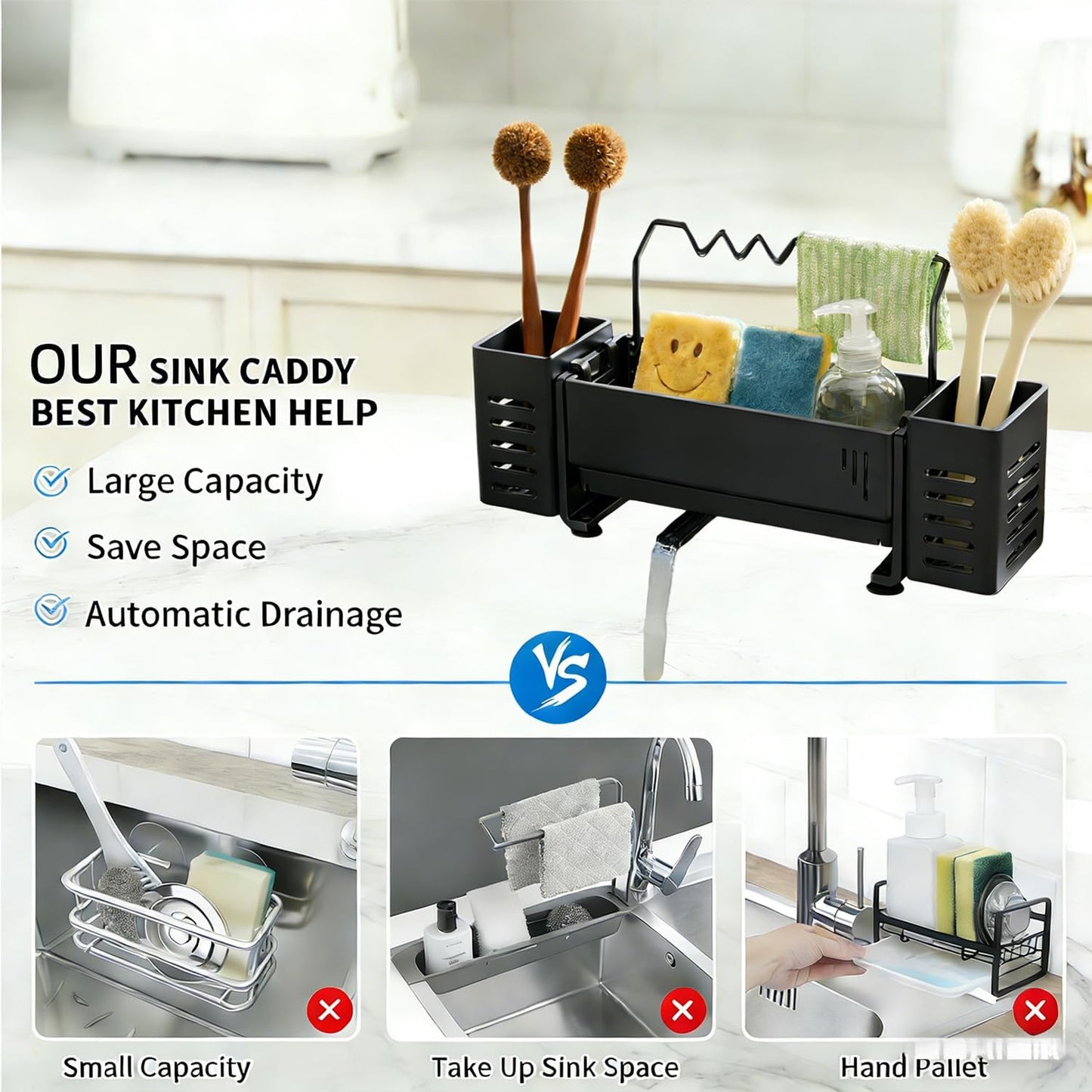 Sponge Holder for Kitchen Sink, Sink Caddy Organizer with 2 High Brush Holder, Kitchen Countertop Organizers and Storage Essentials, Self-draining Sponge Caddy Soap Dispenser Organizer (Gray)
