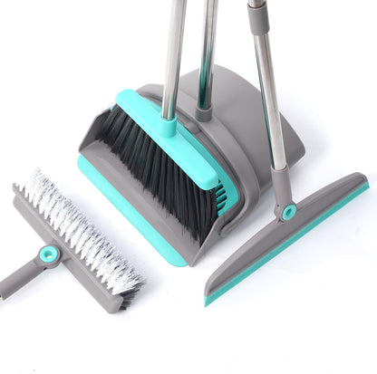 Multifunction 3-in-1 Broom and Dustpan, Silicone broom Squeegee and Scrub Brush Set with Long Adjustable Handle for Indoor & Outdoor Sweeping and Scrubbing, Ideal for Pet Hair, Liquids Spills and Dirt