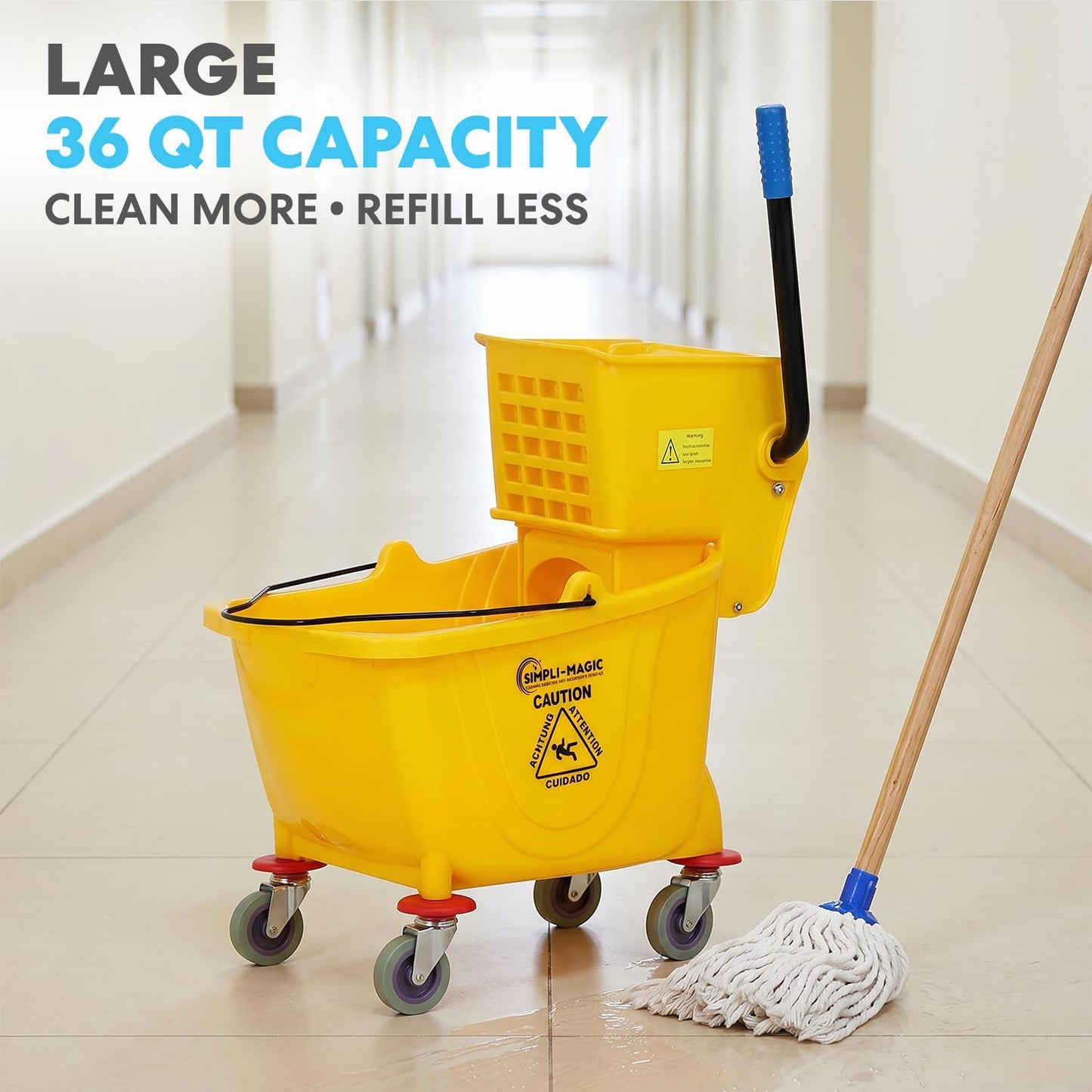 Simpli-Magic Side Press Wringer Combo Commercial Rectangular Mop Bucket on Wheels, 35-Quart, Yellow