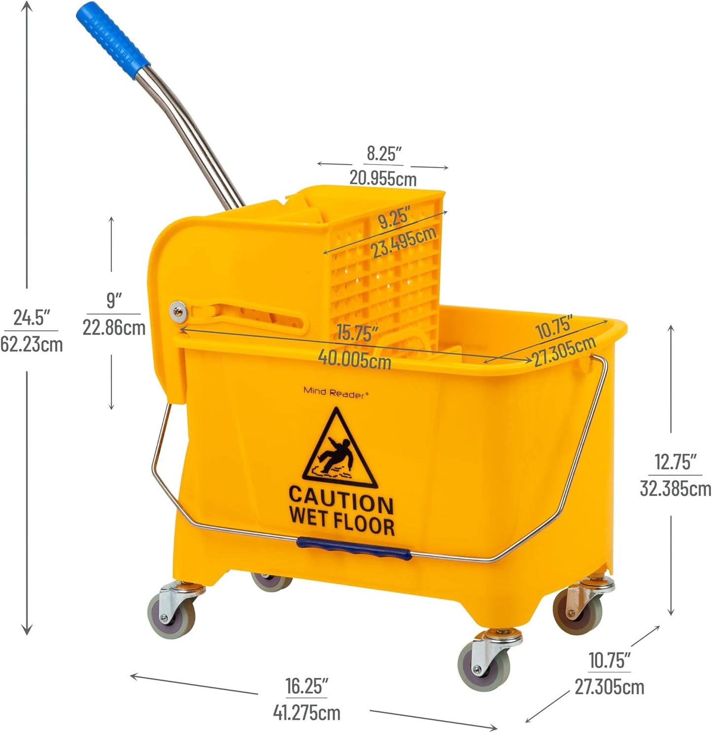 Mind Reader Mop and Bucket Set with Wringer, Mop Included, 5.5 Gallon Cleaning System with Wheels, Upward Press Wringer, Small Mop Compatible